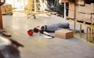 a warehouse worker laying on the floor unconciously after he fell on a steel stair with his red hard hat above his head and a box , ballpen and papers scattered around him - workers common injuries