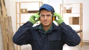 A construction worker that is protecting his ears.